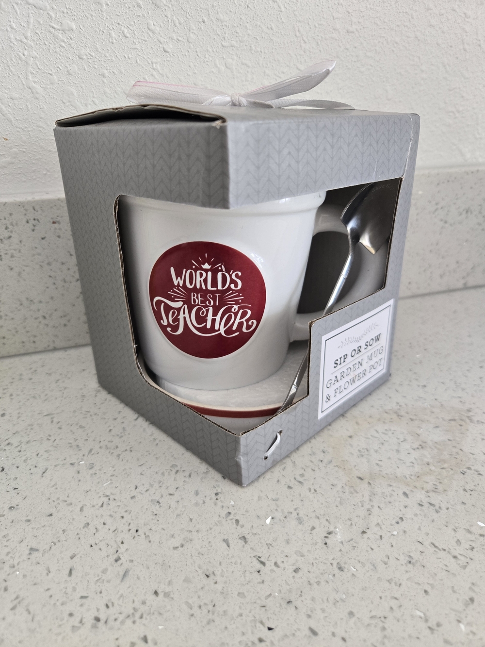 "World's Best Teacher" White Ceramic Mug with Red Accent and Spoon